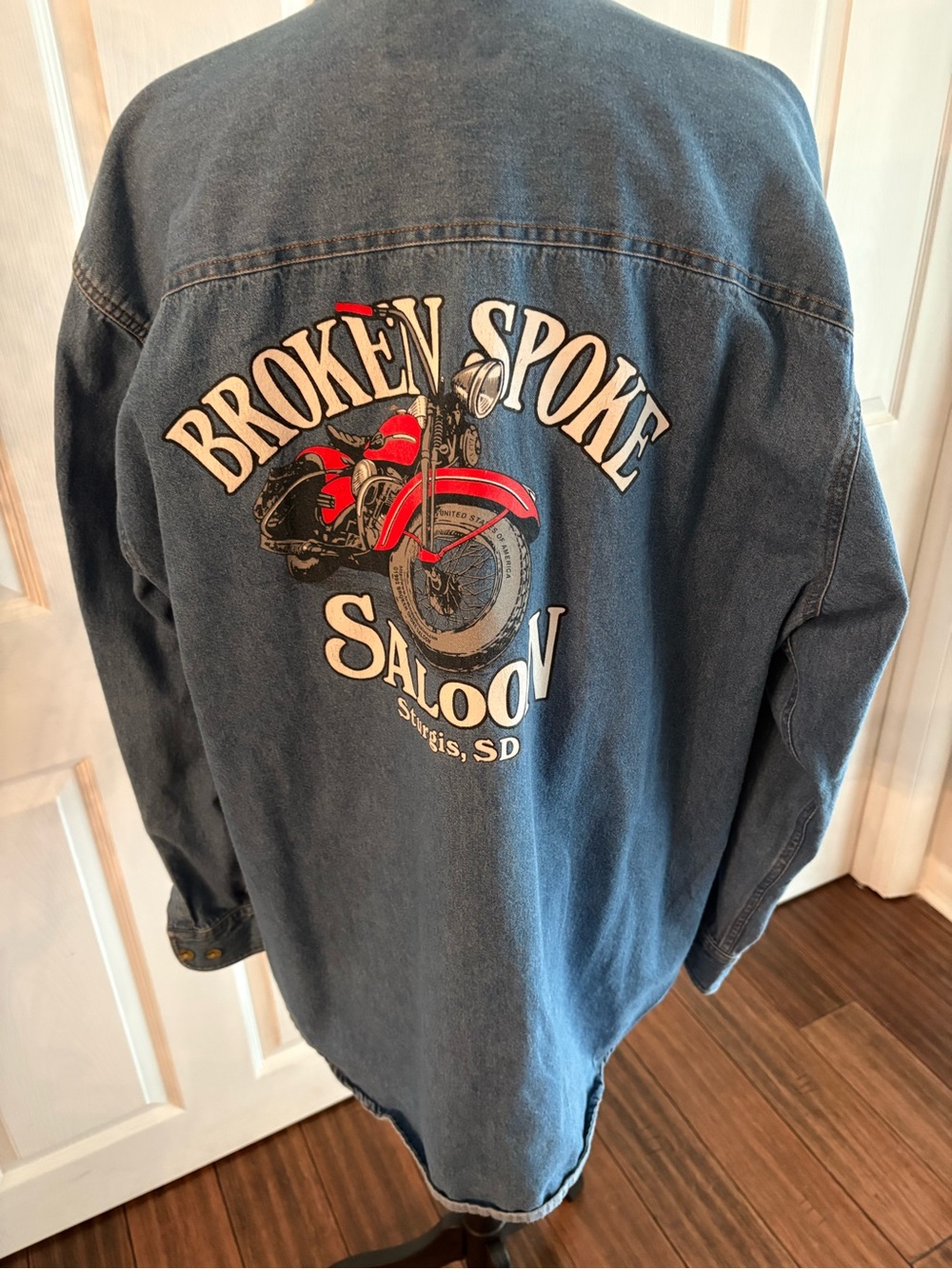 Blue Denim Button-Down Shirt with Red Motorcycle Graphic